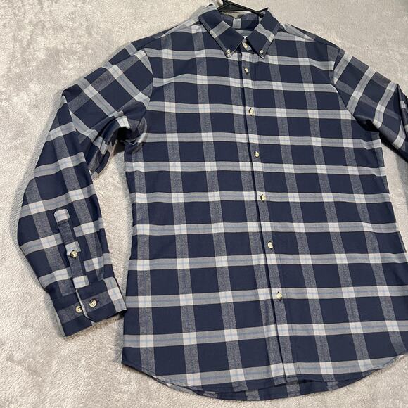 Mizzen Main Shirt Mens XL Trim Fit Blue Gray Plaid Button Down Stretch Made USA - Picture 2 of 9